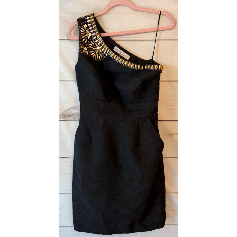 Trina Turk Black One Shoulder Beaded Cocktail Dress Textured Mini Pockets Sz 2